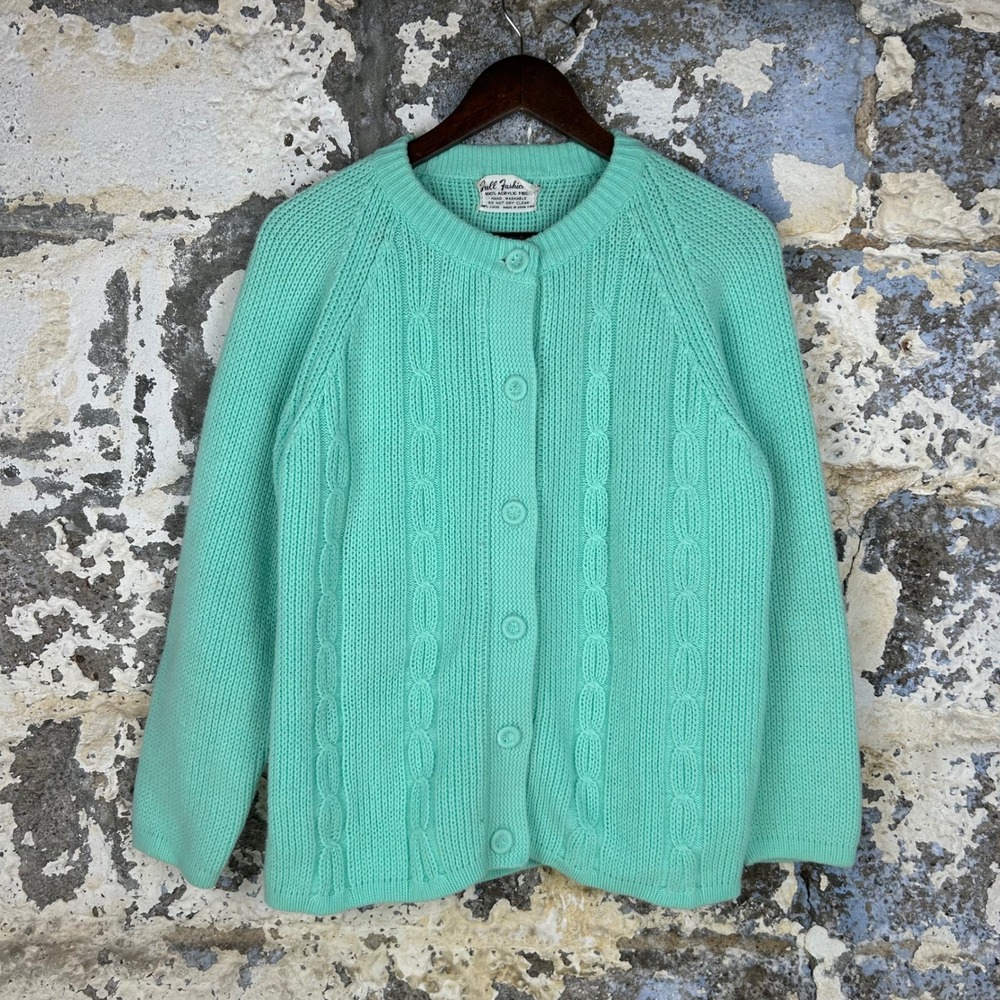 Vintage 70's Full Fashion Cardigan Mint Green Cable Knit Button Up Womens M